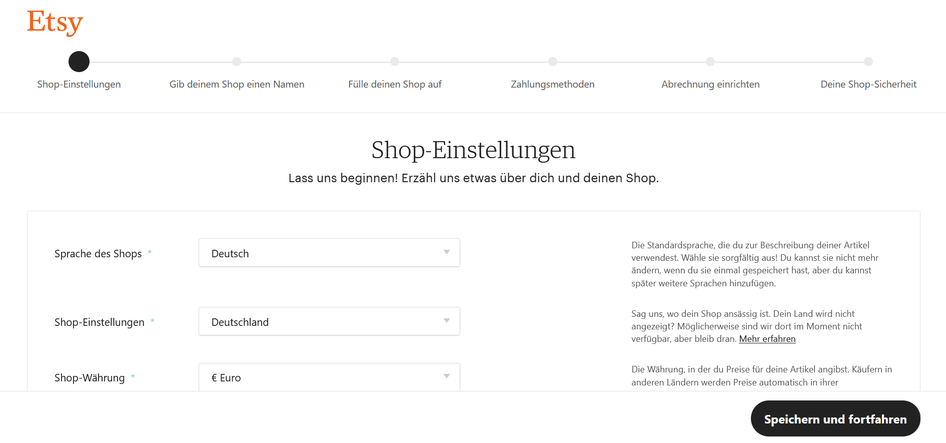 Screenshot der grundlegenden Shop-Einstellungen eines Etsy-Shops