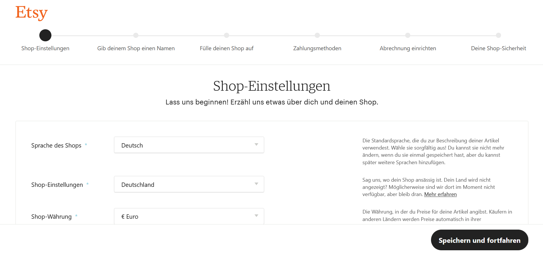 Screenshot der grundlegenden Shop-Einstellungen eines Etsy-Shops Screenshot der grundlegenden Shop-Einstellungen eines Etsy-Shops