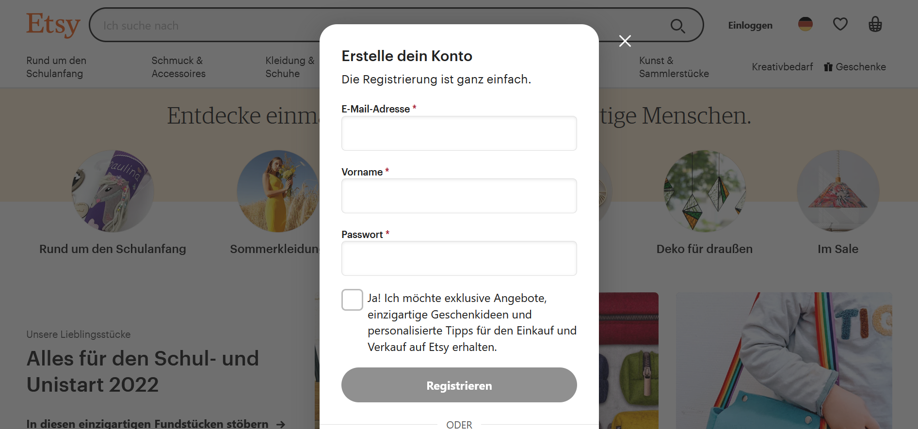 Screenshot des Fensters zur Kontoerstellung auf Etsy Screenshot des Fensters zur Kontoerstellung auf Etsy
