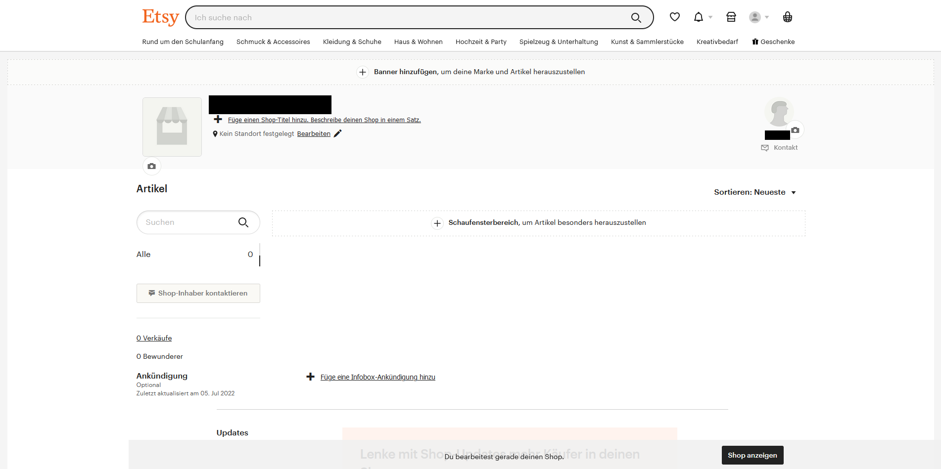 Screenshot des Shop-Managers auf Etsy Screenshot des Shop-Managers auf Etsy