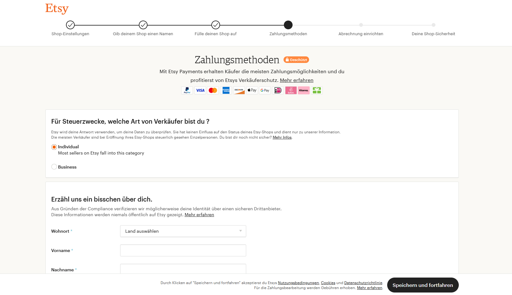 Screenshot der Zahlungsmethoden eines Etsy-Shops Screenshot der Zahlungsmethoden eines Etsy-Shops