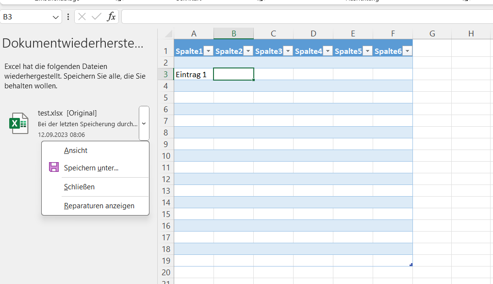 Dokumentenwiederherstellung in Excel