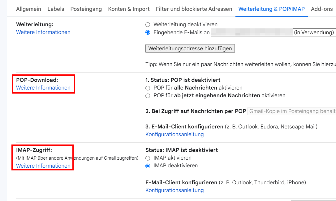 Gmail-Einstellungen für POP/IMAP/SMTP-Auth