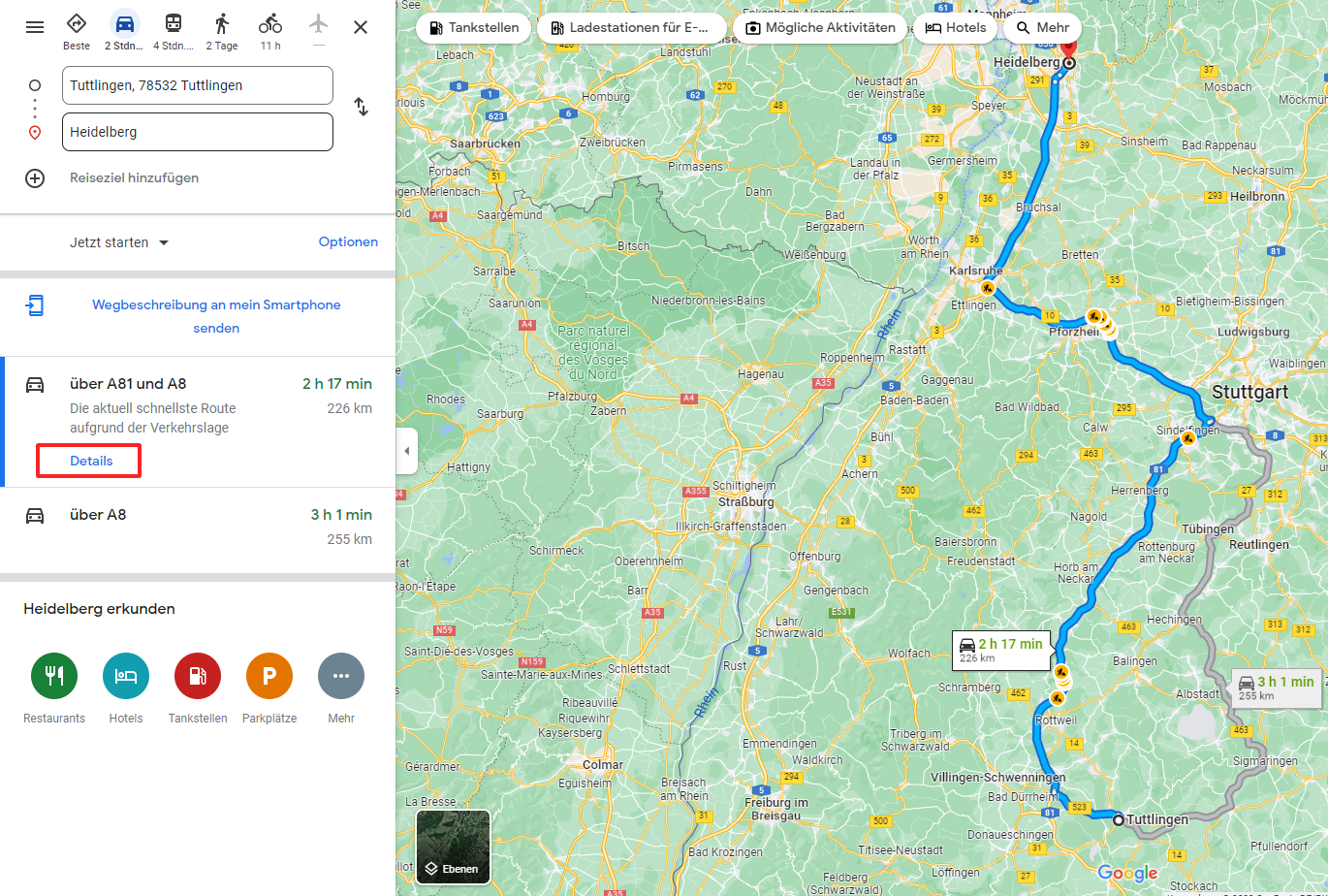 Screenshot einer Route bei Google Maps