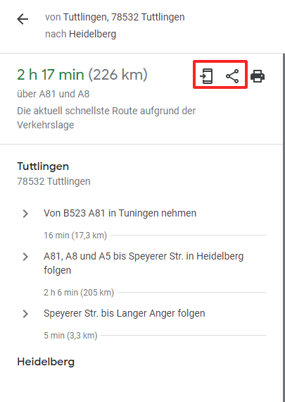 Screenshot der Teilen-Funktion von Google Maps