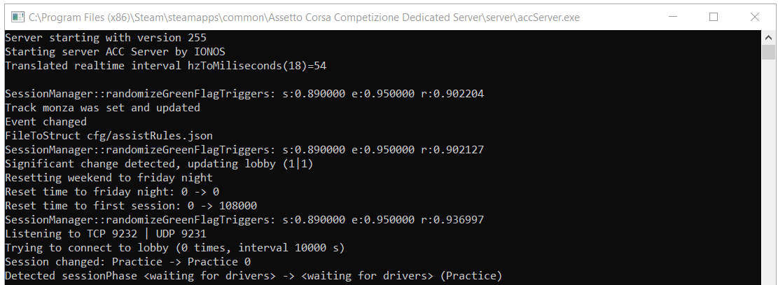 Initialisierung des „Assetto Corsa Competizione“-Servers in der Windows-Eingabeaufforderung
