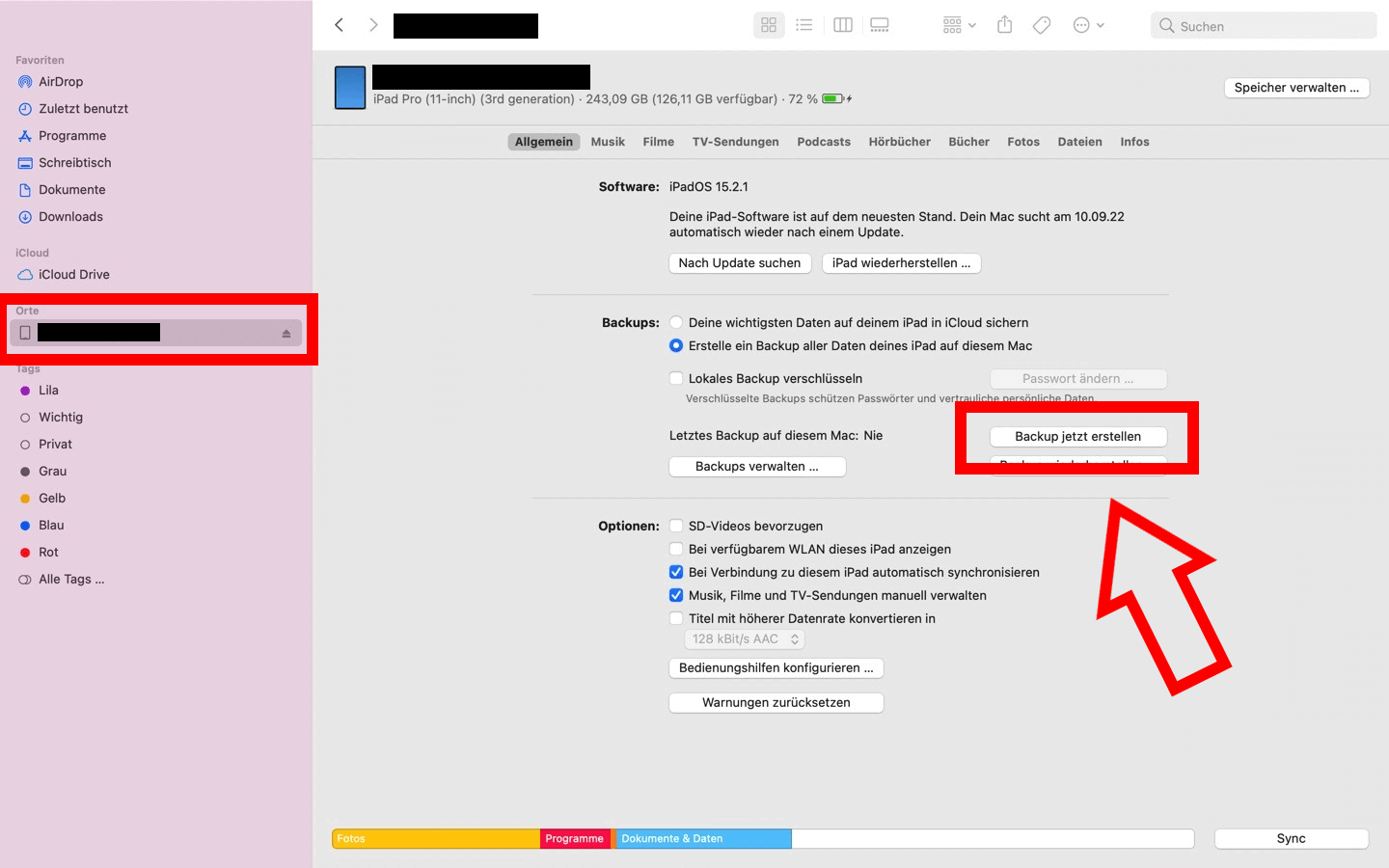 Screenshot der „Backup jetzt erstellen“-Option im Mac Finder