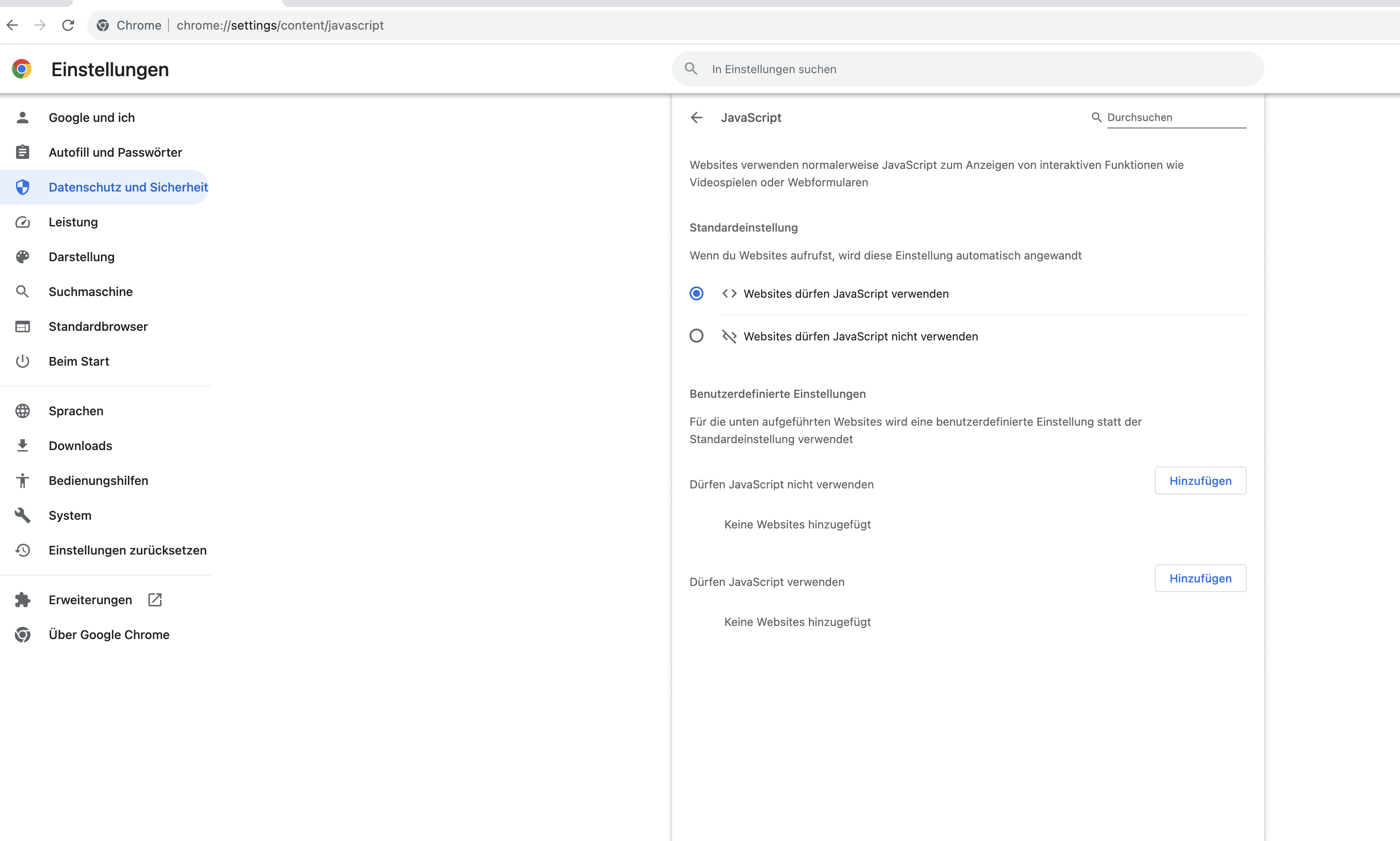 Screenshot der Datenschutz- und Sicherheitseinstellungen in Chrome