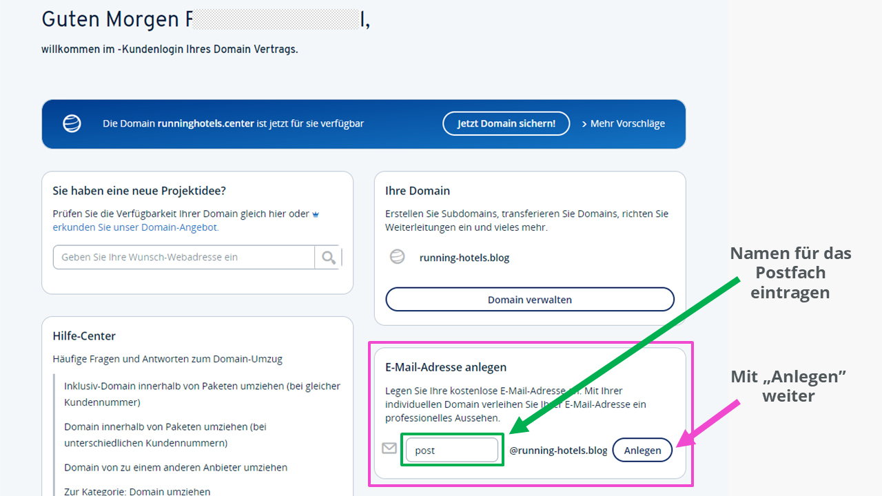 Ansicht „Kundenlogin des Domain-Vertrages“ Ansicht „Kundenlogin des Domain-Vertrages“