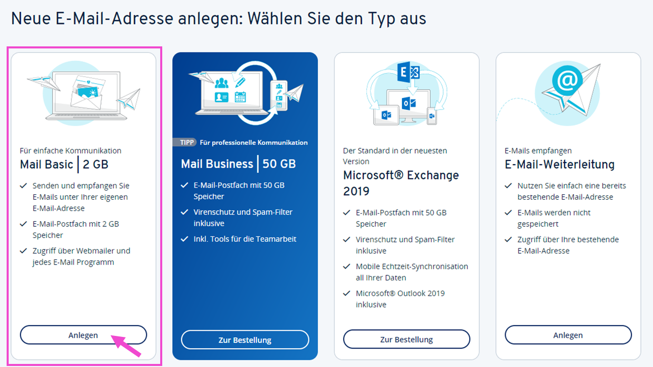 Ansicht „Auswahl des Typs der E-Mail-Adresse“ Ansicht „Auswahl des Typs der E-Mail-Adresse“