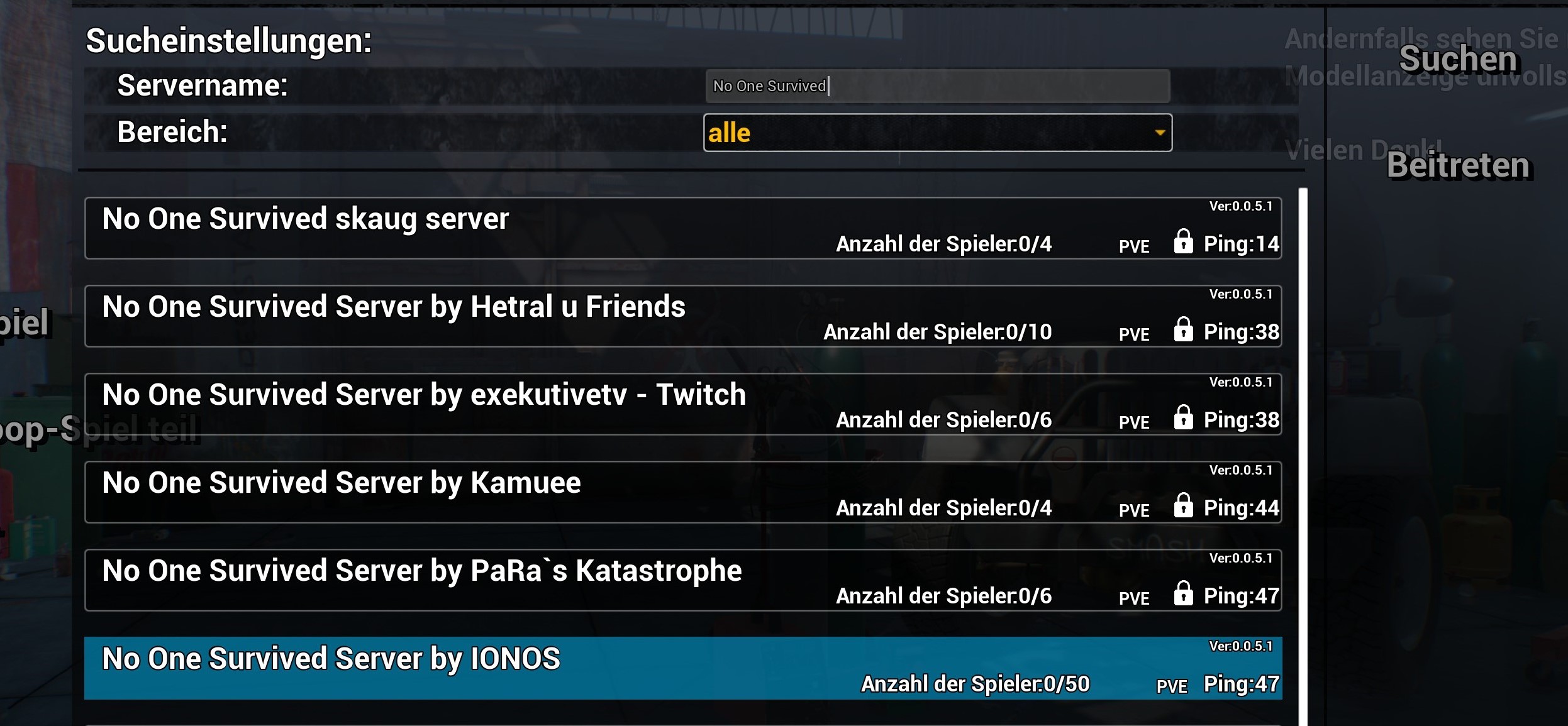 Screenshot aus No One Survived: Serversuche