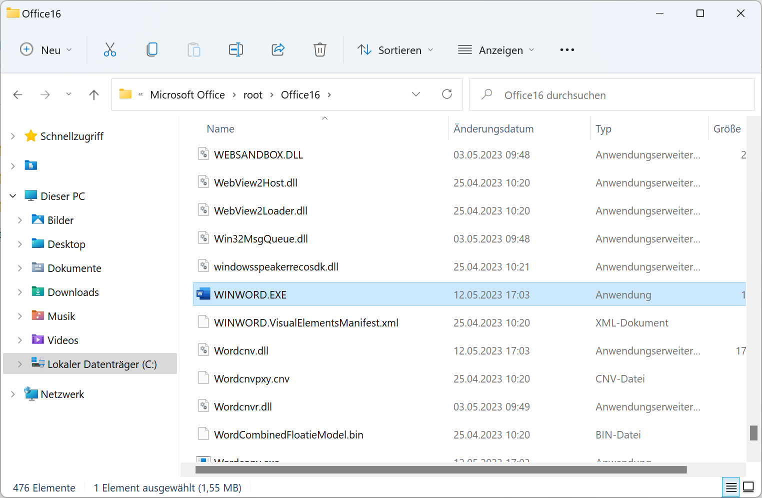 Verzeichnis von Microsoft Office im Windows Explorer