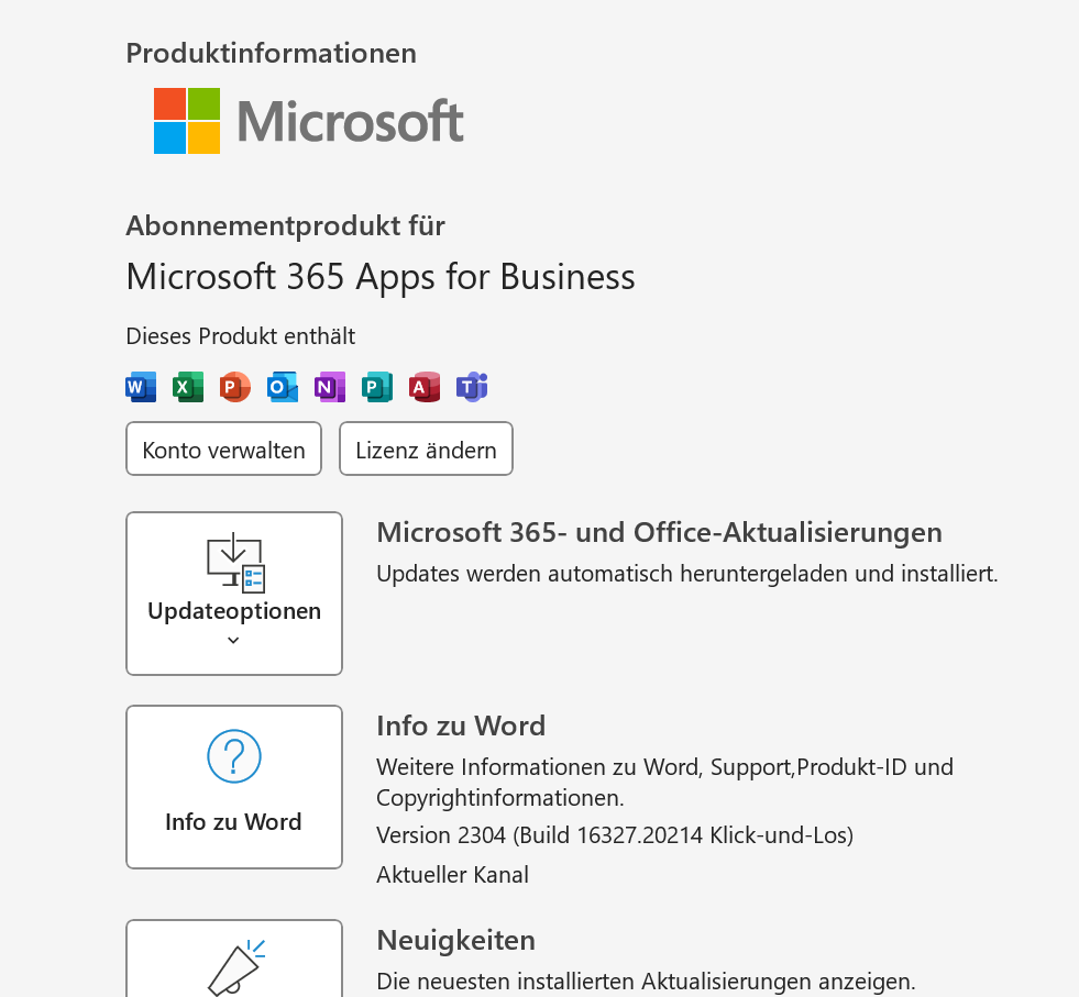 Microsoft Word 2016: Seite „Konto“