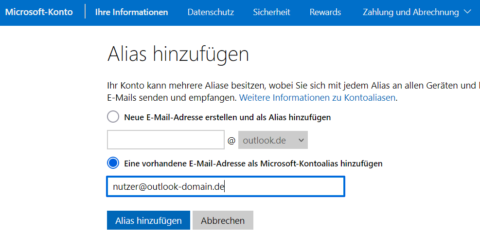 E-Mail-Alias hinzufügen in Outlook