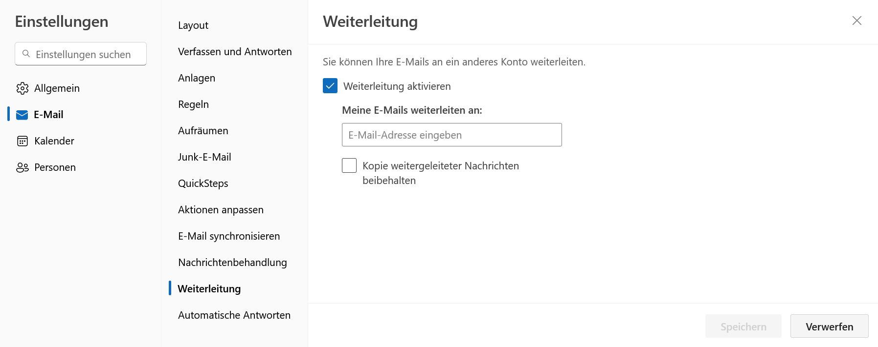 Outlook on the Web: Weiterleitung