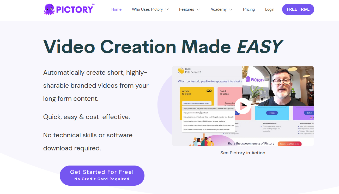 Screenshot der Pictory-Website Screenshot der Pictory-Website