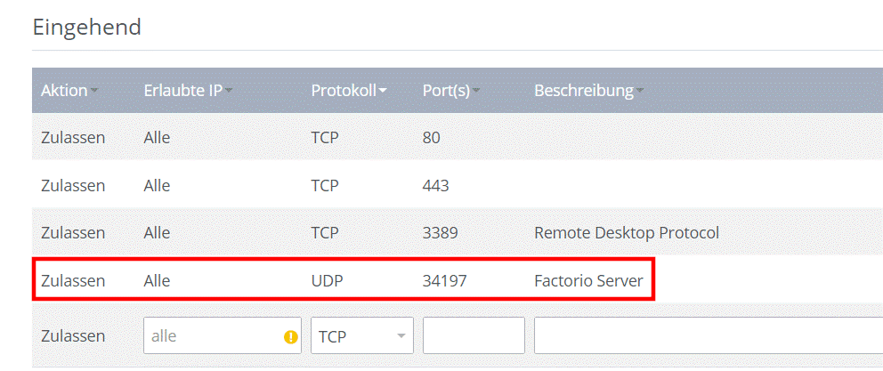Port für Factorio-Server freigeben im IONOS Cloud Panel