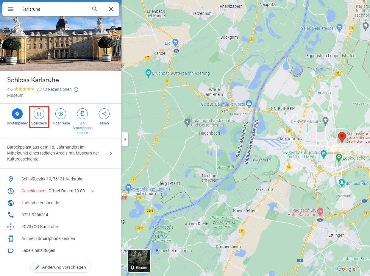 Screenshot der Detailansicht eines Orts bei Google Maps