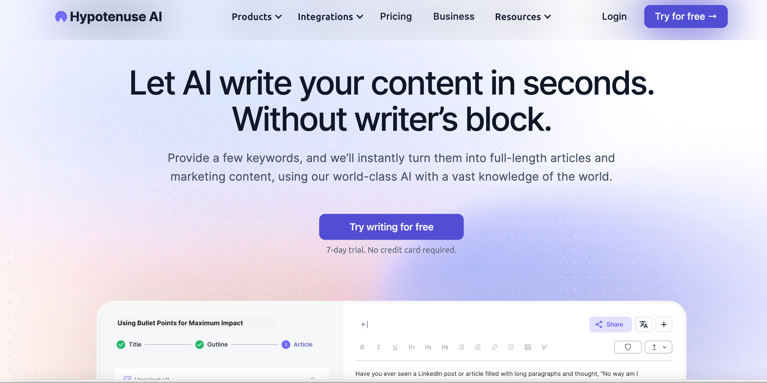 Screenshot der Homepage von Hypotenuse AI Screenshot der Homepage von Hypotenuse AI