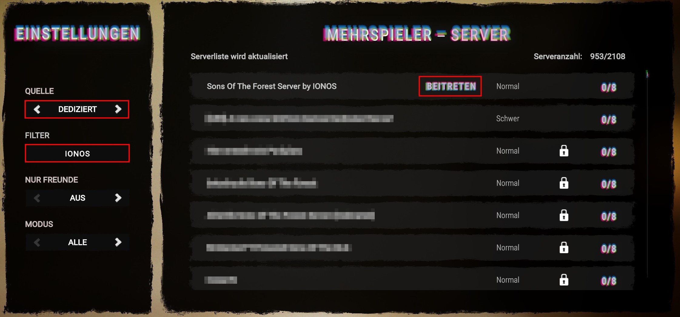 Screenshot des SotF-Servermenüs