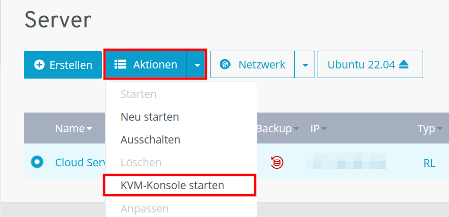 KVM-Konsole starten im IONOS Kunden-Account