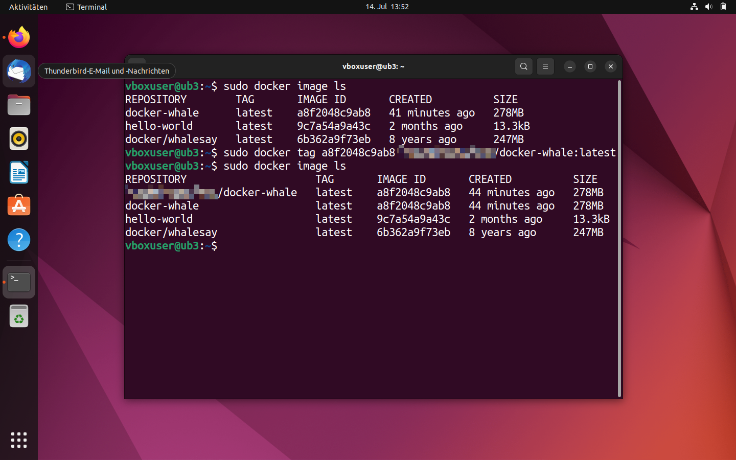 Ubuntu-Terminal: Image-Übersicht vor und nach dem Tagging