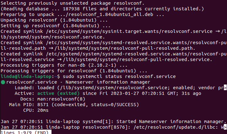 Ubuntu-Terminal mit Statusmitteilung zum resolvconf-Dienst