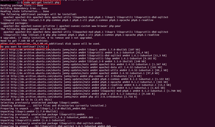 Screenshot des Ubuntu-Terminals nach Eingabe des Installationsbefehls für PHP