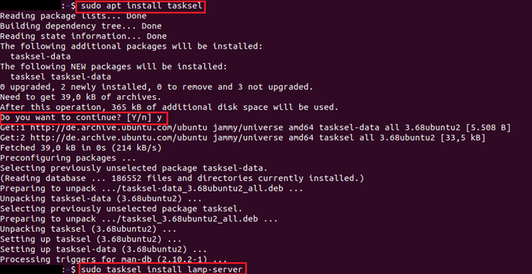 Screenshot des Ubuntu-Terminals nach Eingabe des Installationsbefehls für Tasksel und den LAMP-Server