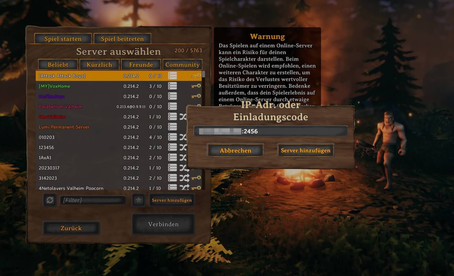 Screenshot aus Valheim: Server auswählen