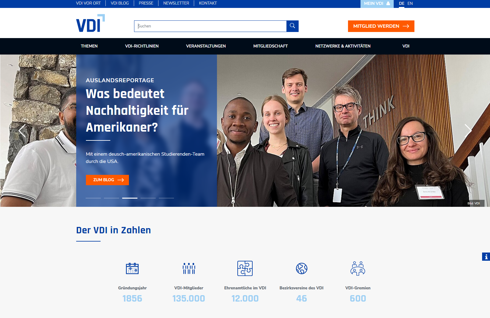 Screenshot der Website des VDI Verein Deutscher Ingenieure e. V.