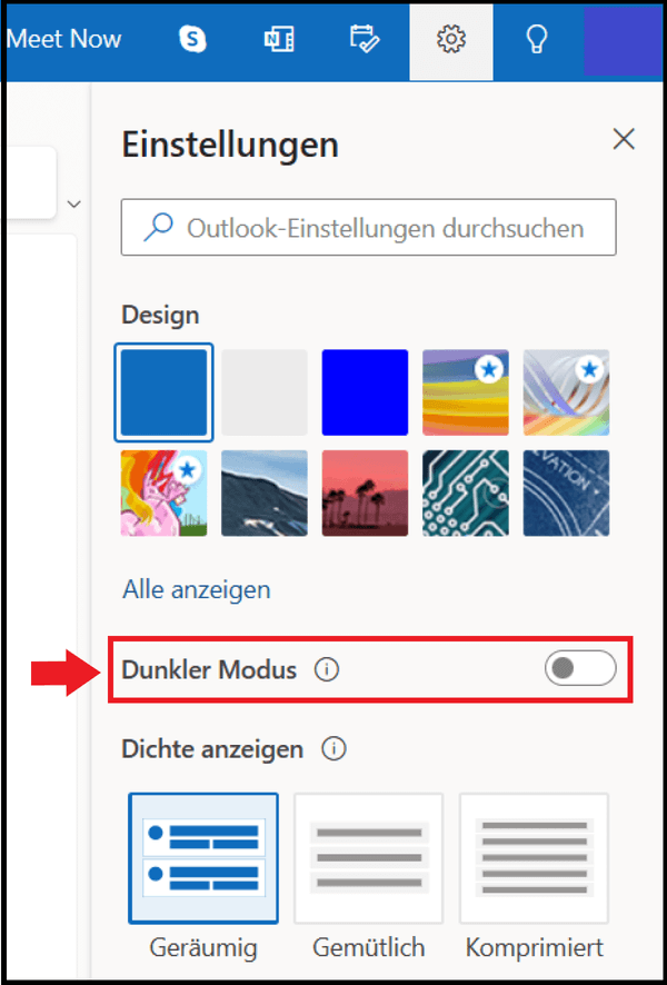 Die Option „Dunkler Modus“ in den Einstellungen der Outlook-Web-App
