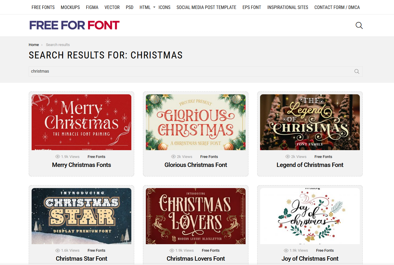 Screenshot der Website von freeforfonts.com mit dem Suchergebnis „christmas“