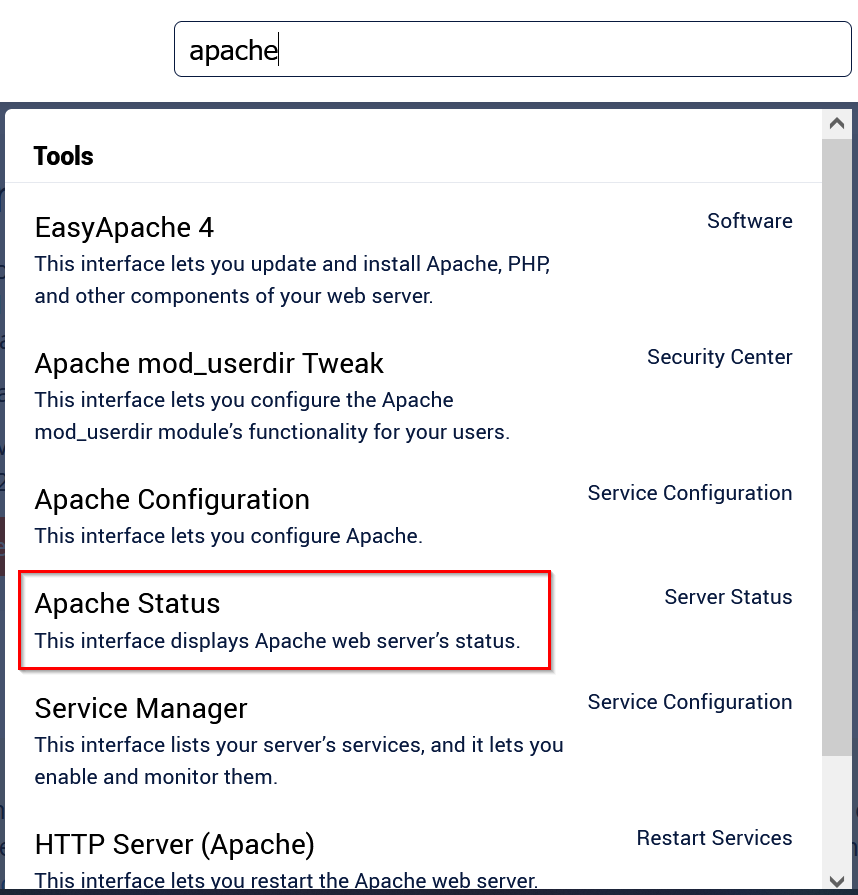 WebHost Manager: Suchergebnisse zu Apache
