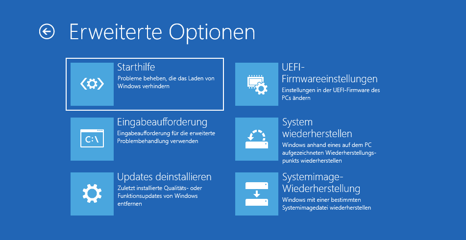 Screenshot der erweiterten Optionen in der Problembehandlungsumgebung von Windows 11