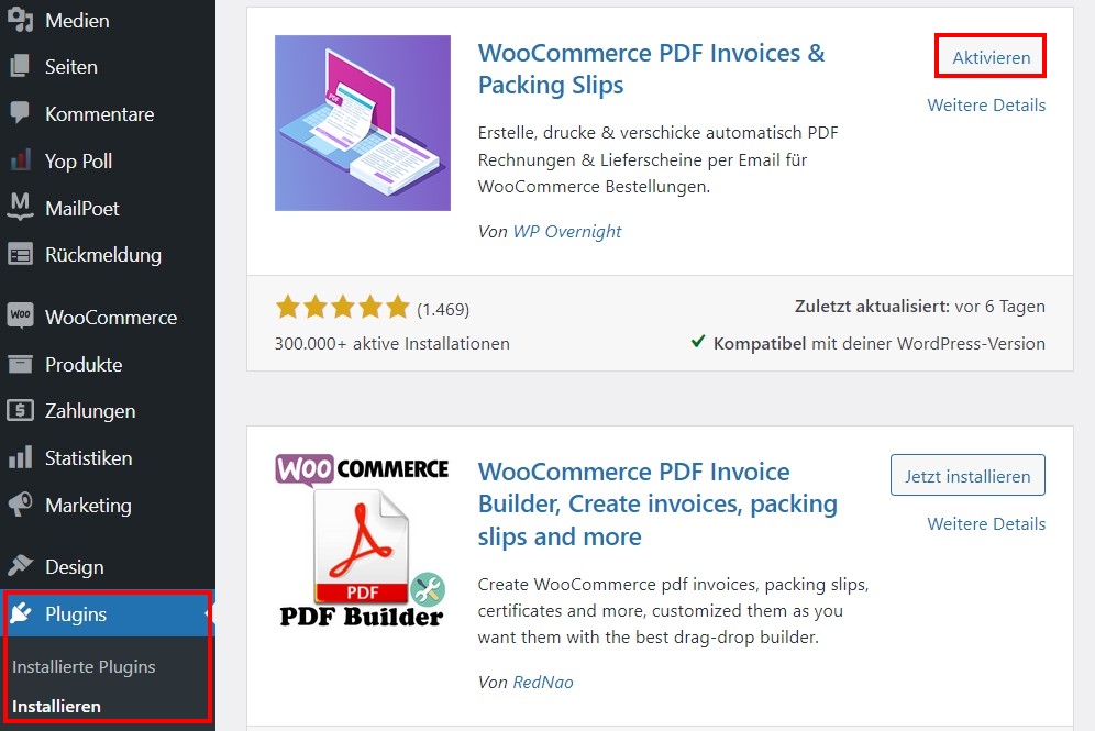 WooCommerce: Rechnungs-Plugin installieren und aktivieren