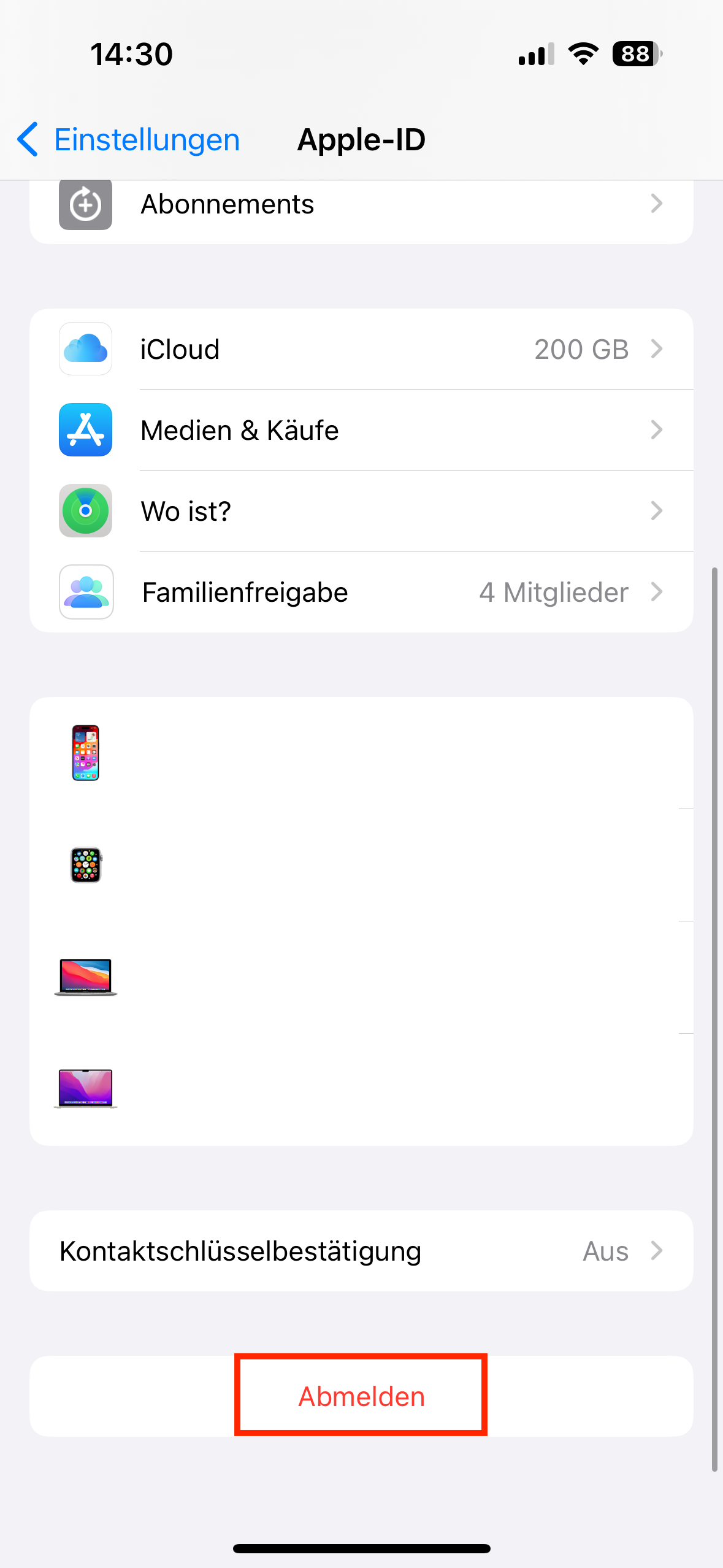 Schaltfläche „Abmelden“ im „Apple ID-Menü“ Bild: Schaltfläche „Abmelden“ im „Apple ID-Menü“