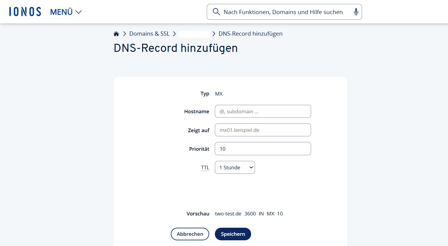 Bild: IONOS Cloud Panel: DNS-Record hinzufügen Bild: Bild: IONOS Cloud Panel: DNS-Record hinzufügen