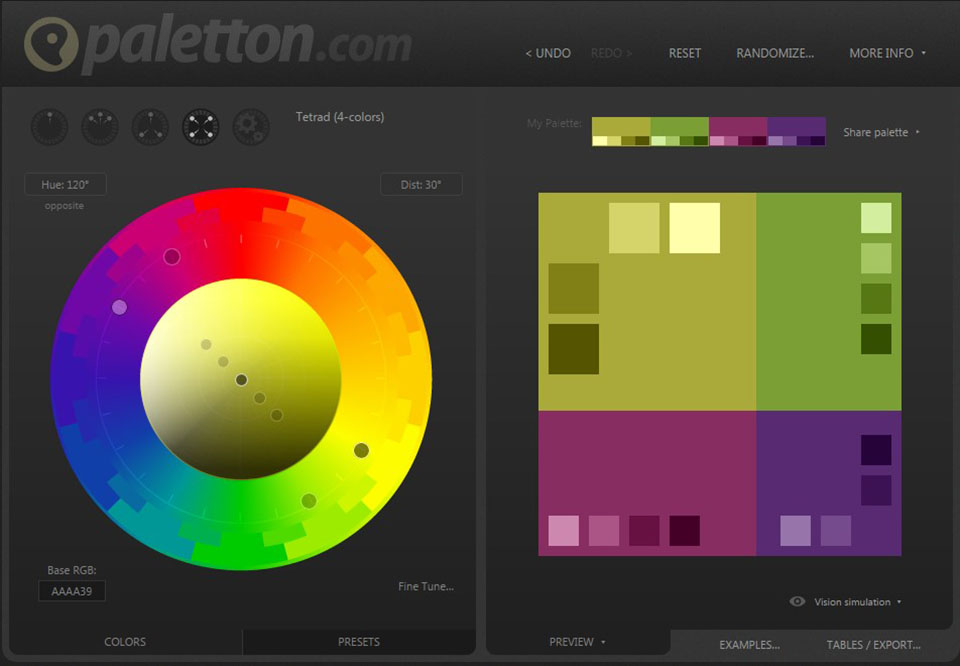 Startseite der Web-App Paletton