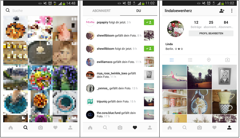 Ansicht der Suche, der Benachrichtigungen und des eigenen Profils in der Instagram-App