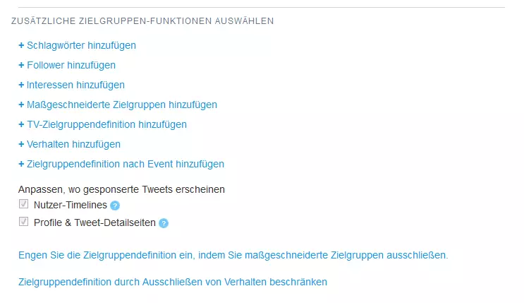 Screenshot eines Ausschnitts der Option „Zielgruppe“ bei der Kampagnenerstellung mit Twitter Ads