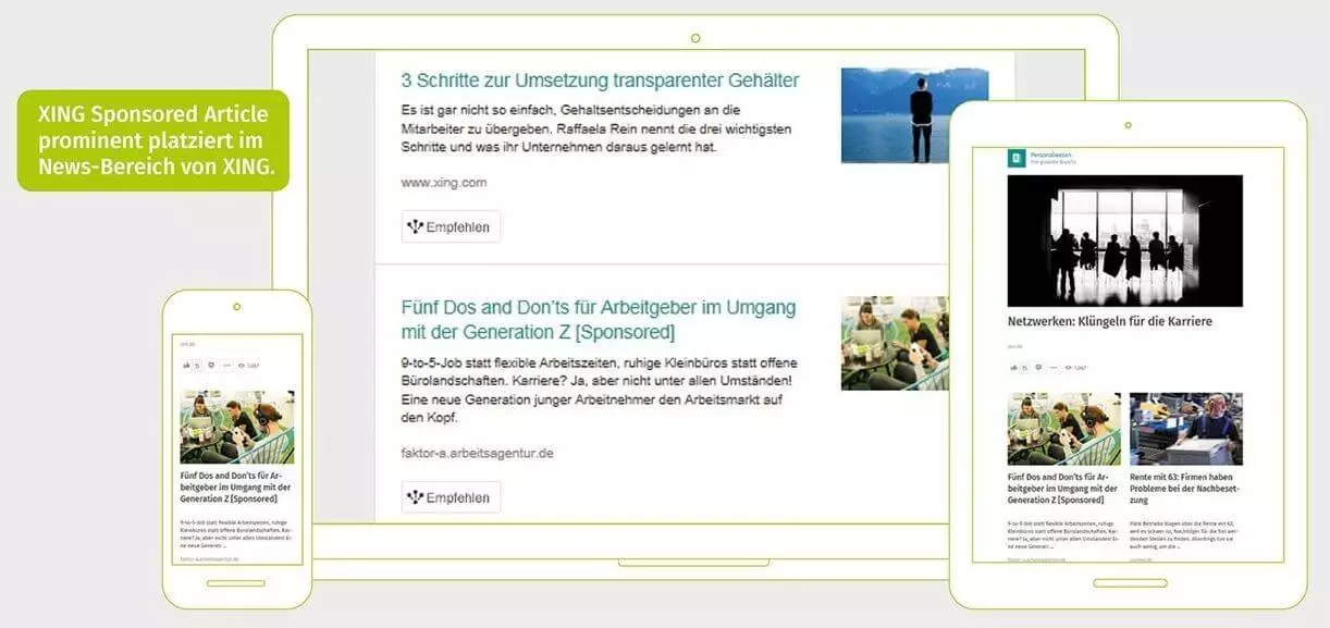 Bild zeigt Beispiele für XING Sponsored Articles