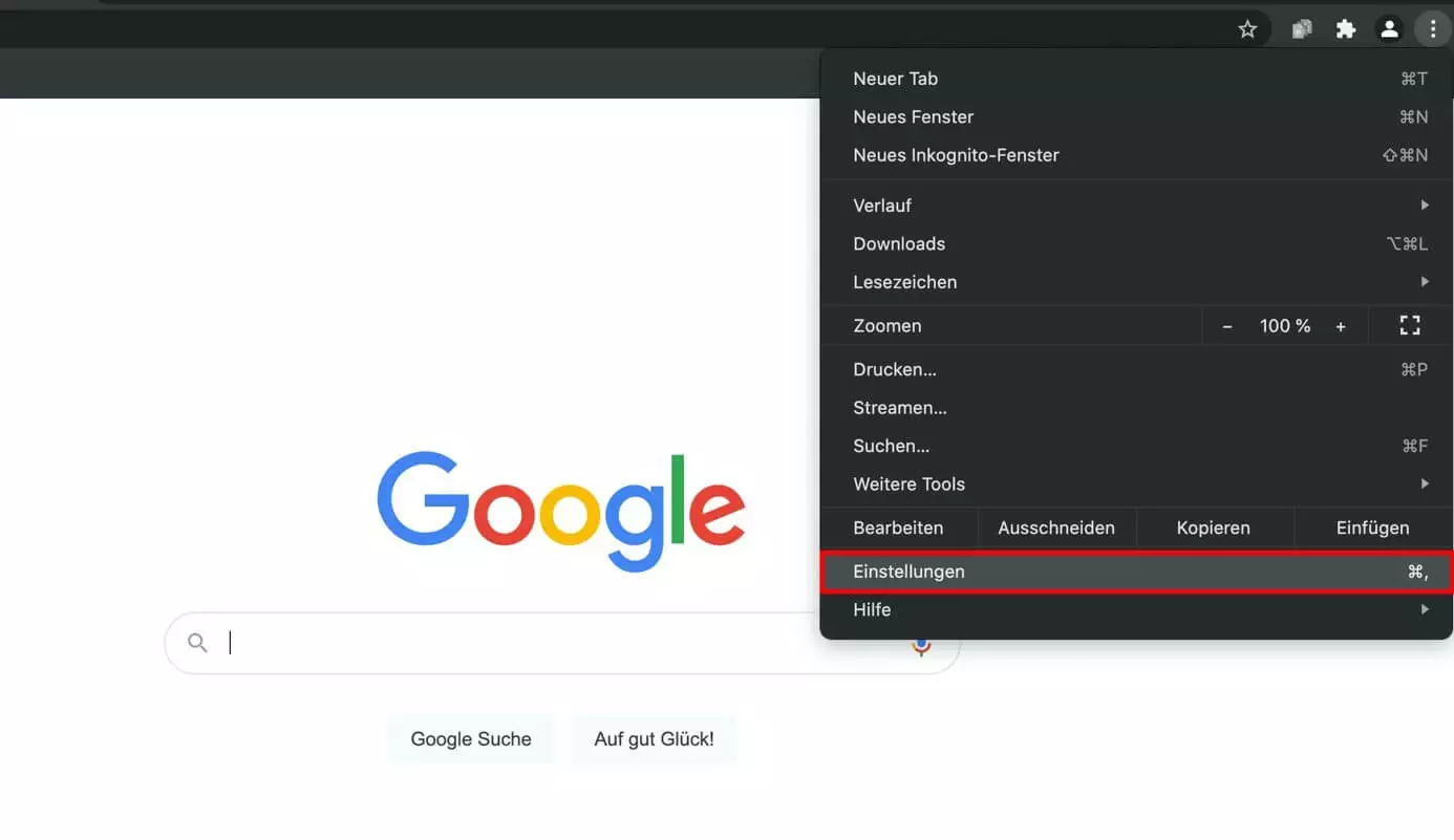 Bild: Chrome: „Einstellungen“-Menüpunkt im Schnellmenü 