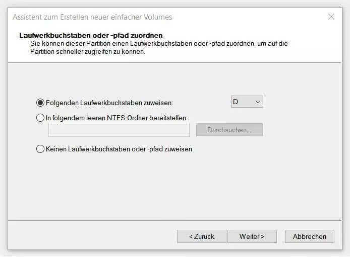Bild: Windows 10: Fenster zur Vergabe eines Laufwerksbuchstabens