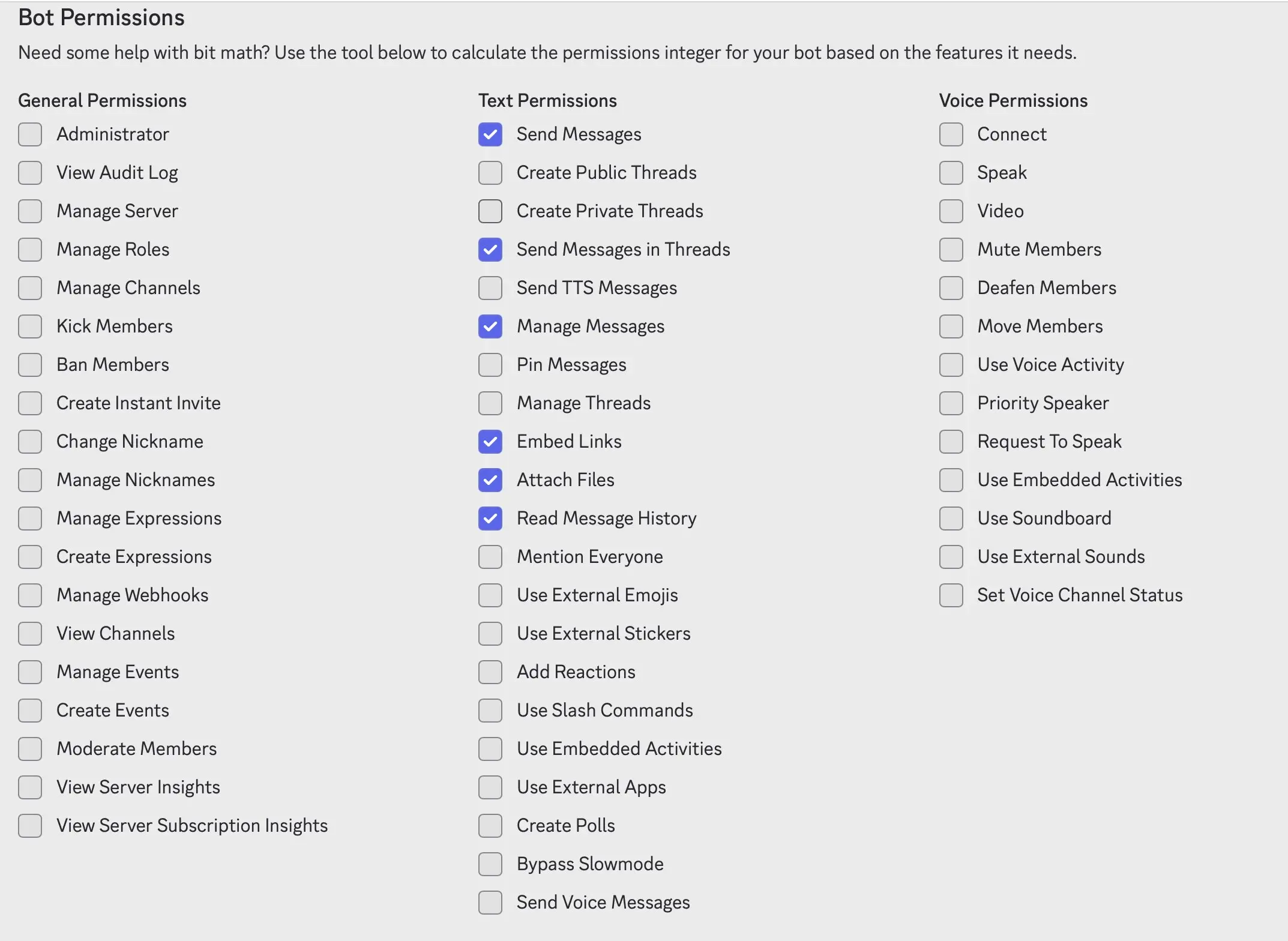 Bild: Discord Developer Portal: Bot Permissions