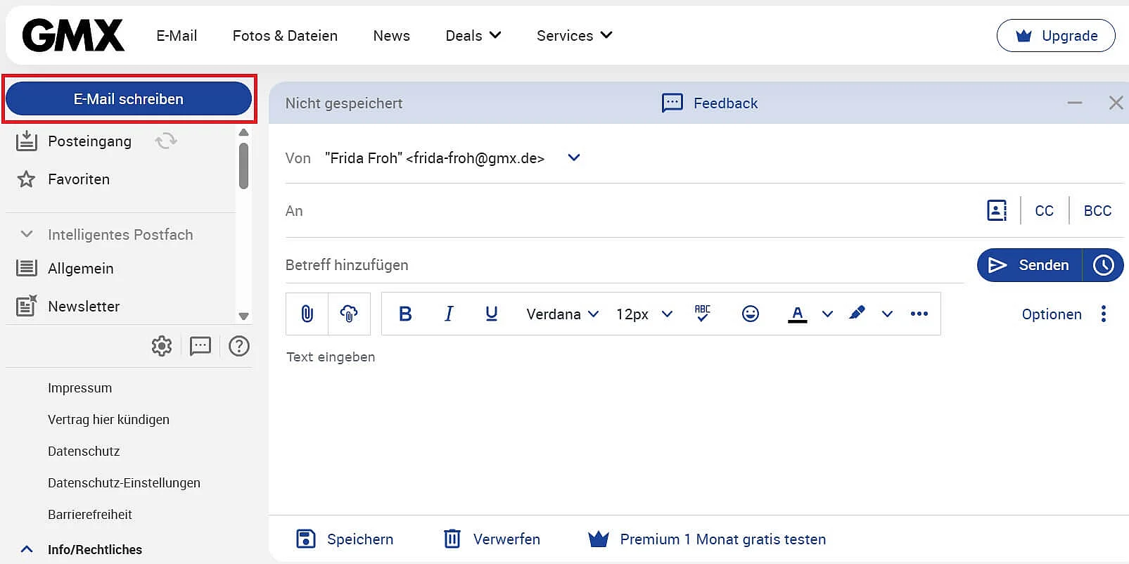 Bild: GMX-Oberfläche mit markiertem Button „E-Mail schreiben“