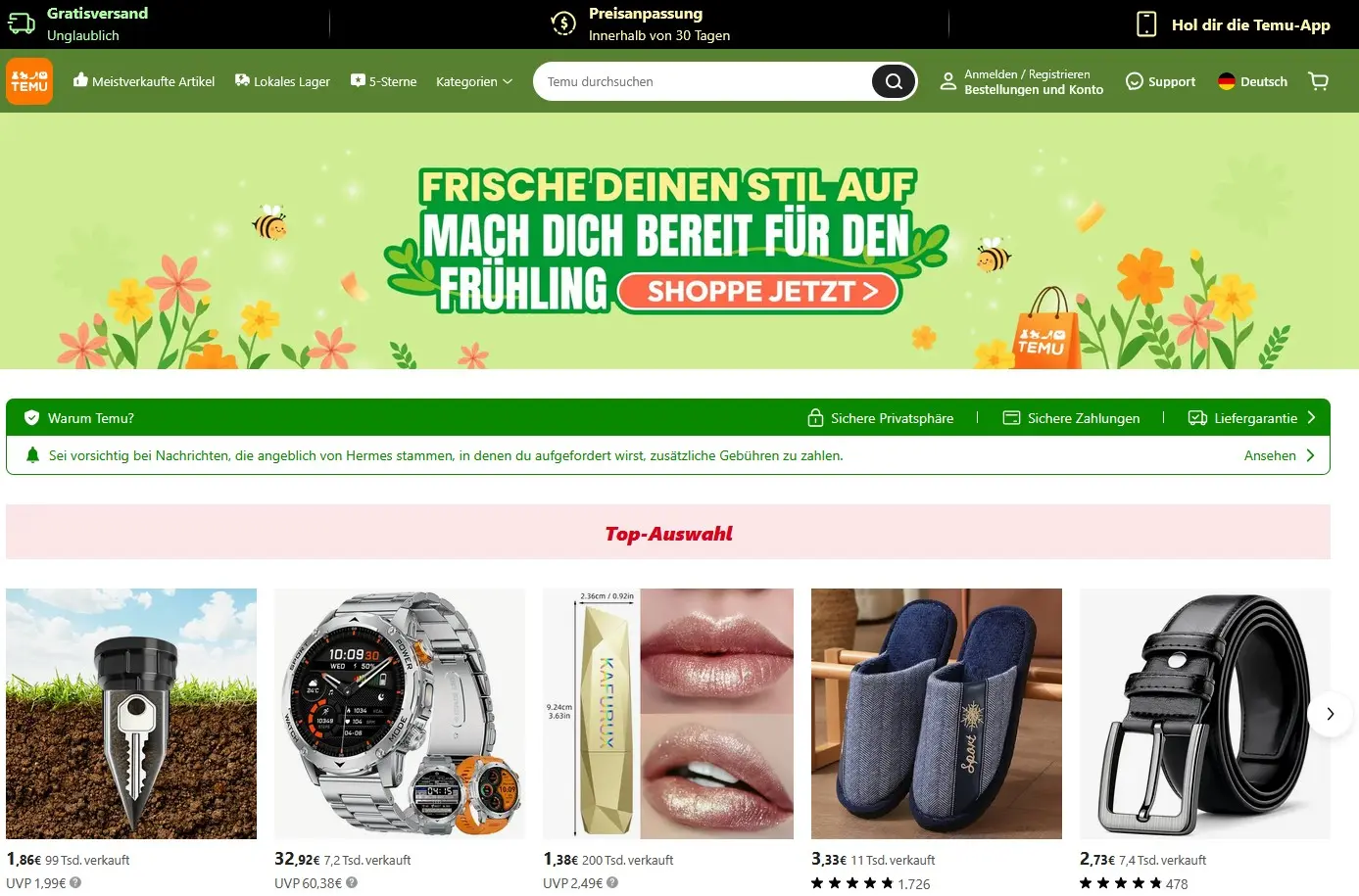 Bild: Startseite von Temu