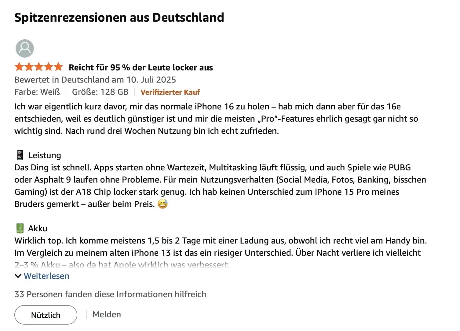 Bild: Screenshot einer Amazon-Rezension zum Smartphone iPhone 16e