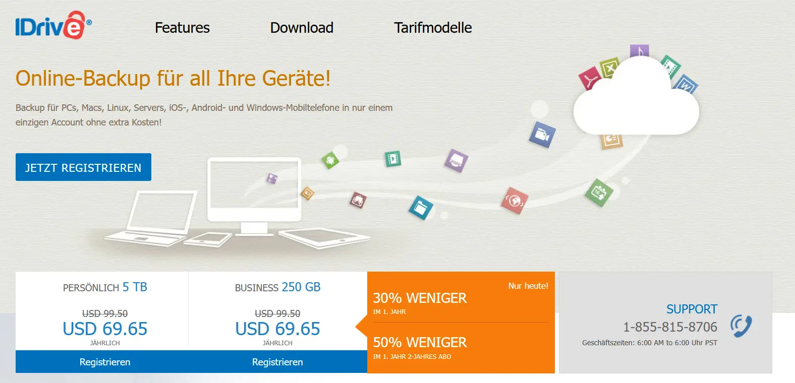 Screenshot der Homepage von IDrive Bild: Screenshot der Homepage von IDrive