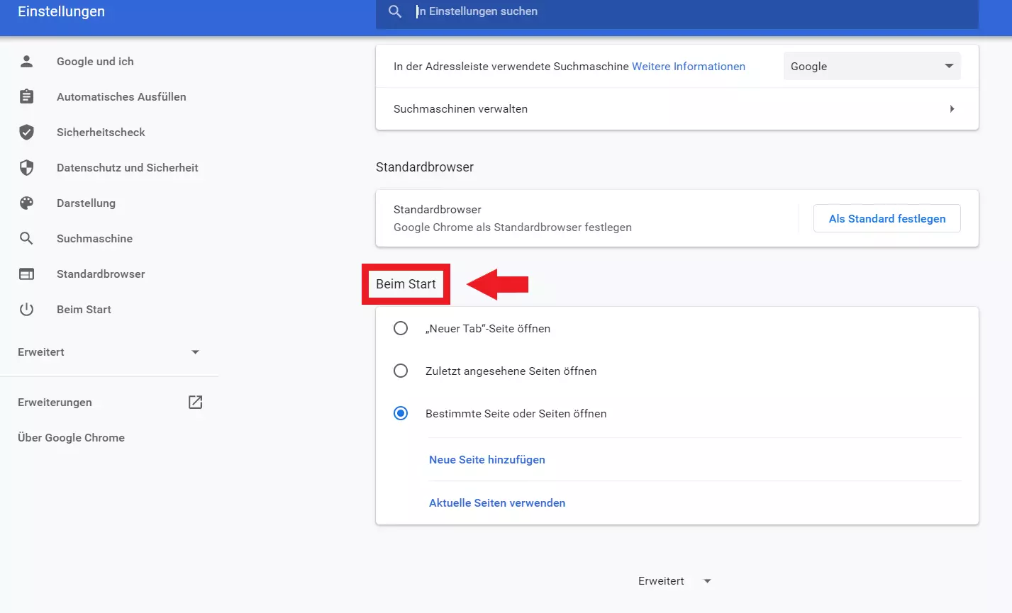 Bild: Scrollen Sie bis „Beim Start“ und legen Sie hier die gewünschte Google-Chrome-Startseite fest